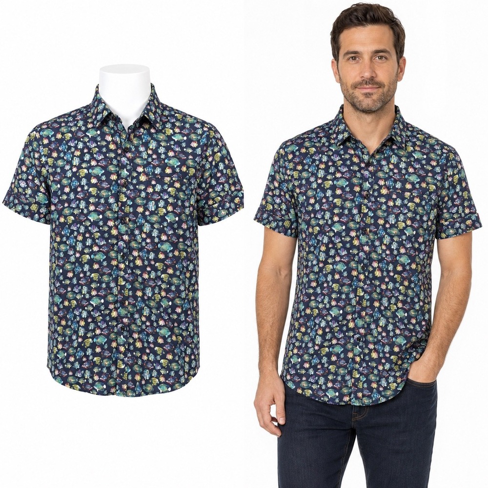 English Laundry Shirt Mens Medium Button Up Navy Tropical Fish Stretch Short
